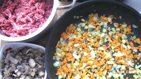 лазанья с рагу болоньезе, грибами и моцареллой