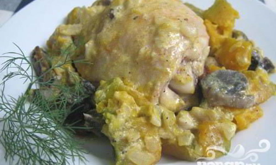 Рецепт курицы, запеченной с грибами и тыквой