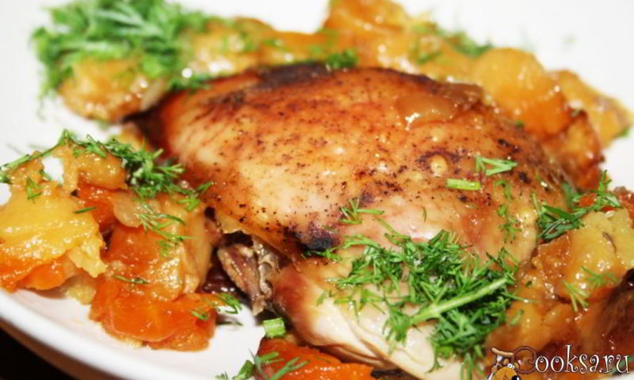 Рецепт томленых куриных окорочка с картофелем и овощами