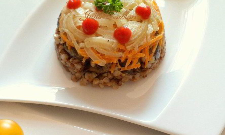 Рецепт печени, гречки, лук, морковь в сливках