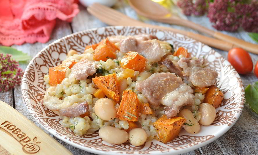 Рецепт перловой каши с фасолью, тыквой и беконом