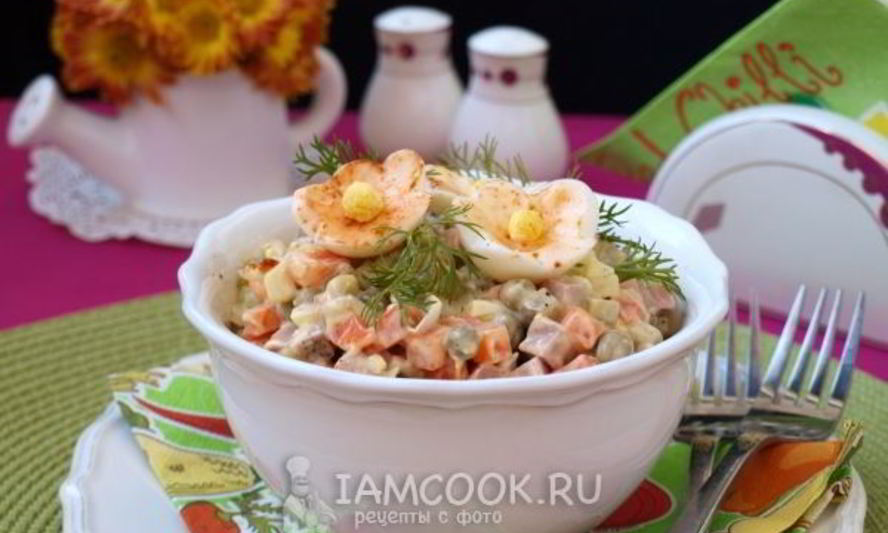 Рецепт салата оливье с колбасой и горошком