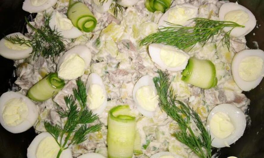 Рецепт салата оливье с языком и свежим огурцом