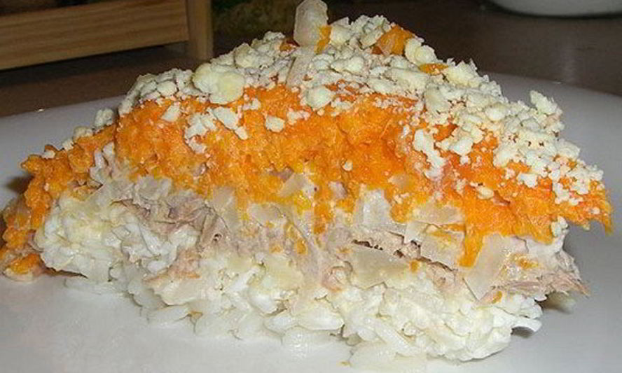 Рецепт слоеного салата мимоза с рыбой и рисом