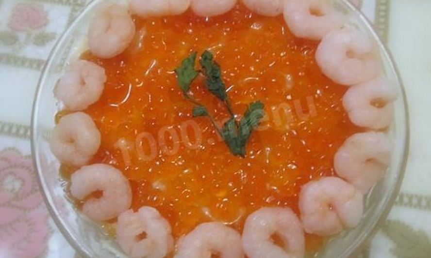 Рецепт салата креветки под шубой с красной икрой