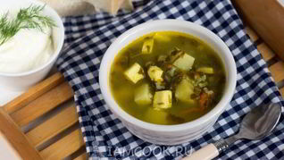 Зеленый борщ со щавелем и адыгейским сыром