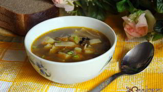 Суп с сушеными грибами и лапшой на курином бульоне