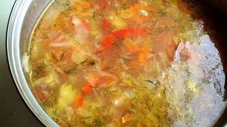 овощной, летний супчик с томатно-чесночными гренками