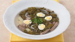 Щи щавелевые с говядиной и перепелиными яйцами