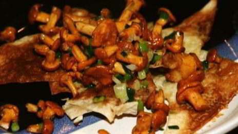 грибы с пармезаном и зеленым луком на чипсах из лаваша