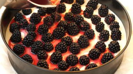 торт без выпечки с ежевикой в желе и сливками