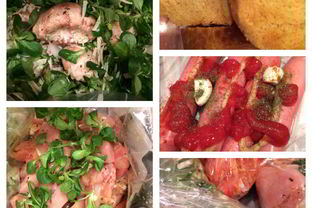 Куриное филе, шампиньоны с сыром и запеченые сосиски