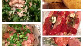 Куриное филе, шампиньоны с сыром и запеченые сосиски