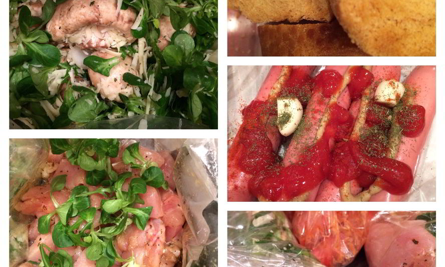 Рецепт куриного филе, шампиньоны с сыром и запеченые сосиски